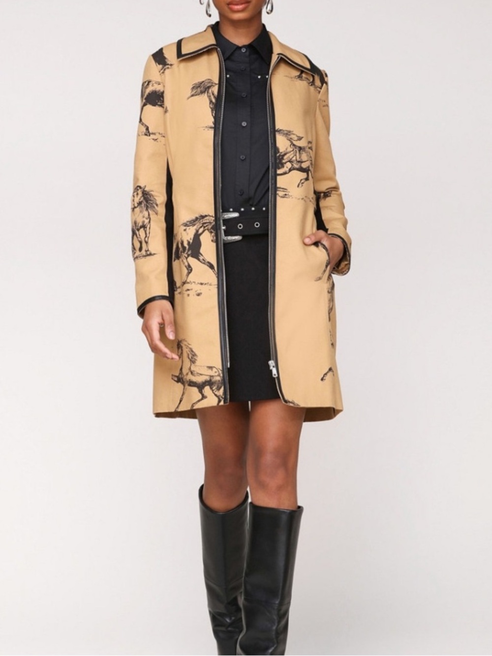 Avec Les Filles Tan Printed Horse Trench Coat XL NWT